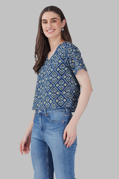 Blue Ikat V Neck Cotton Printed Top