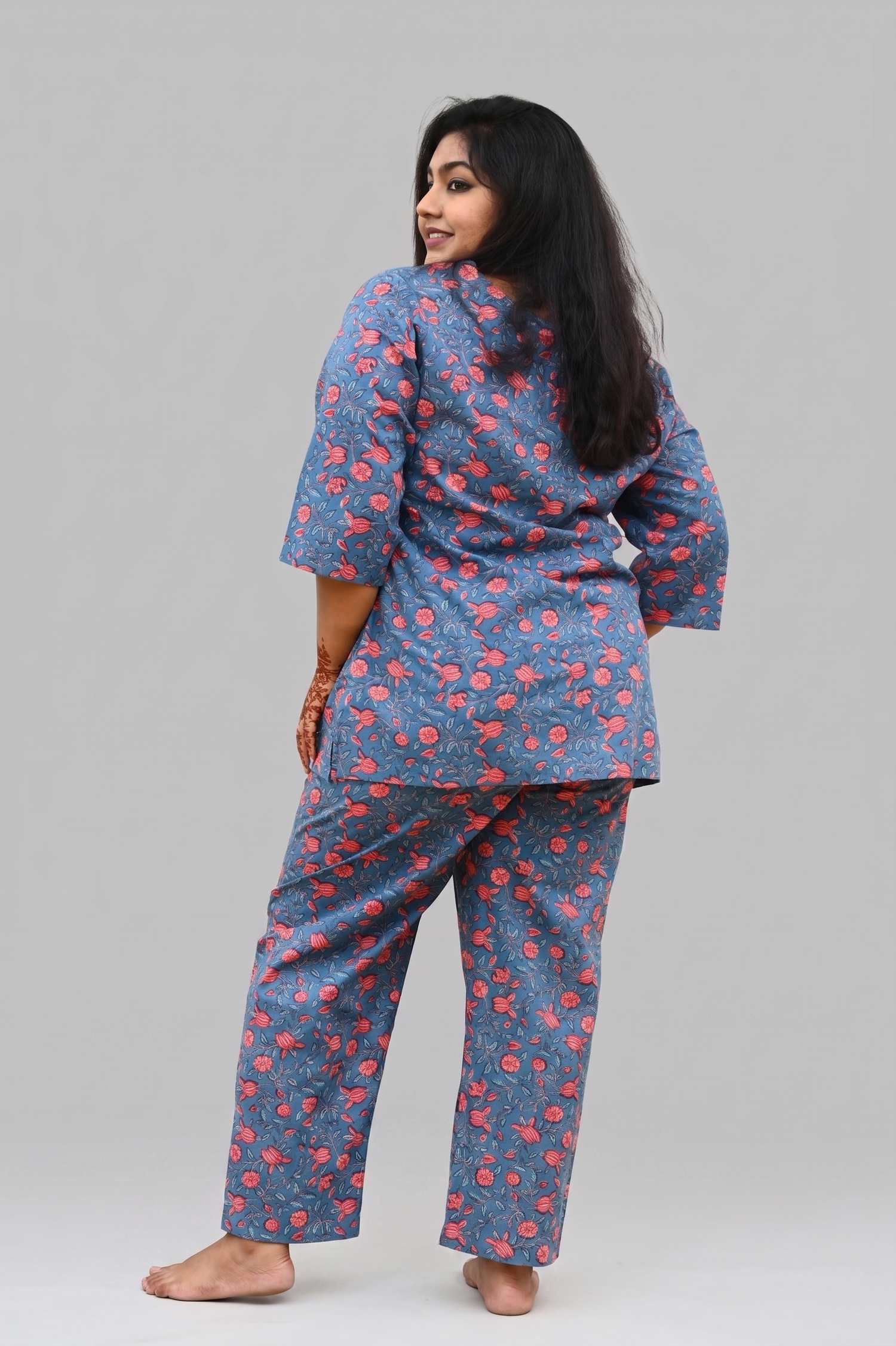 Blue Plus Size Cotton Printed Pyjama Set