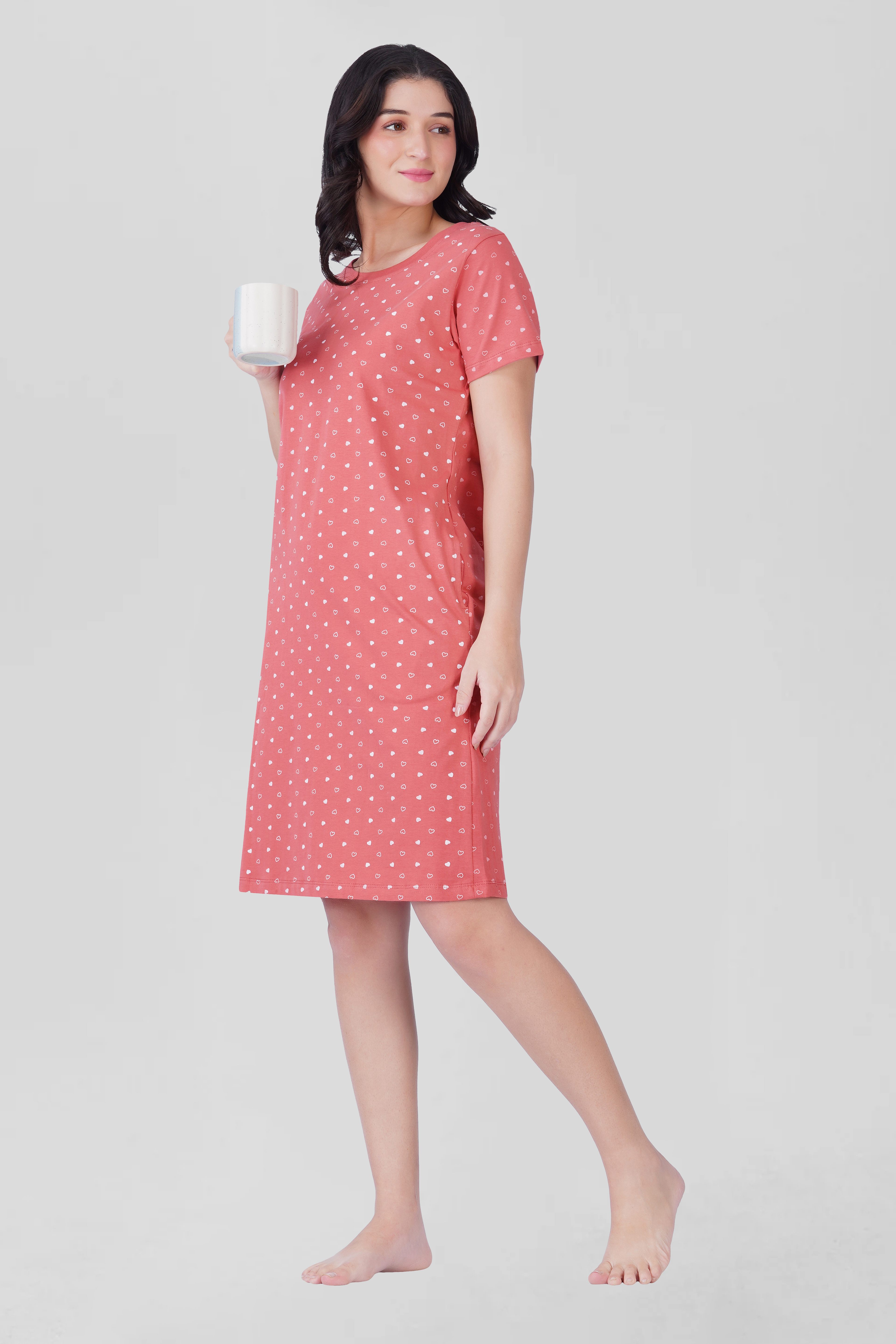 Blush Pink Cotton Printed T-Shirt Nightdress