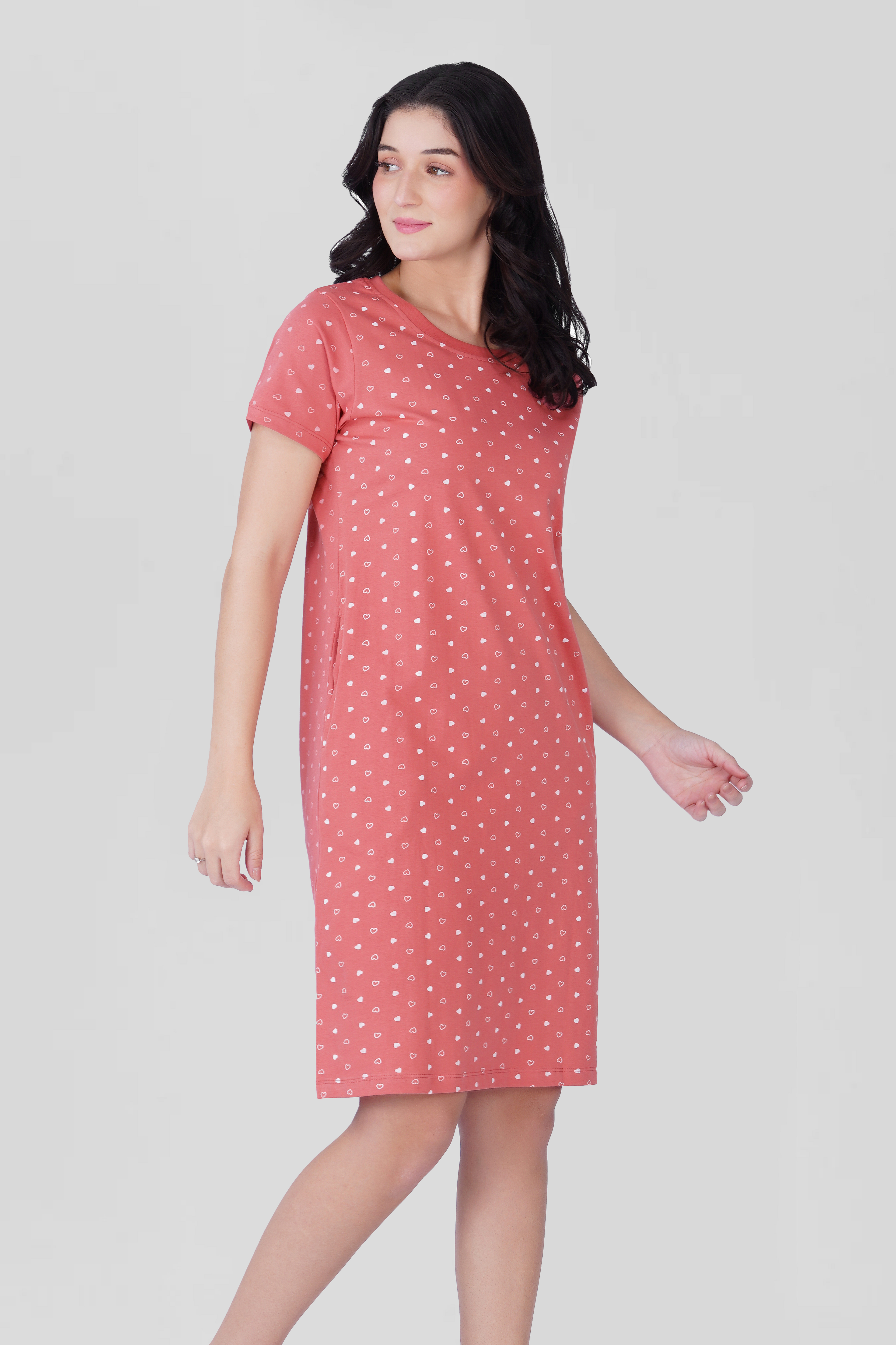 Blush Pink Cotton Printed T-Shirt Nightdress