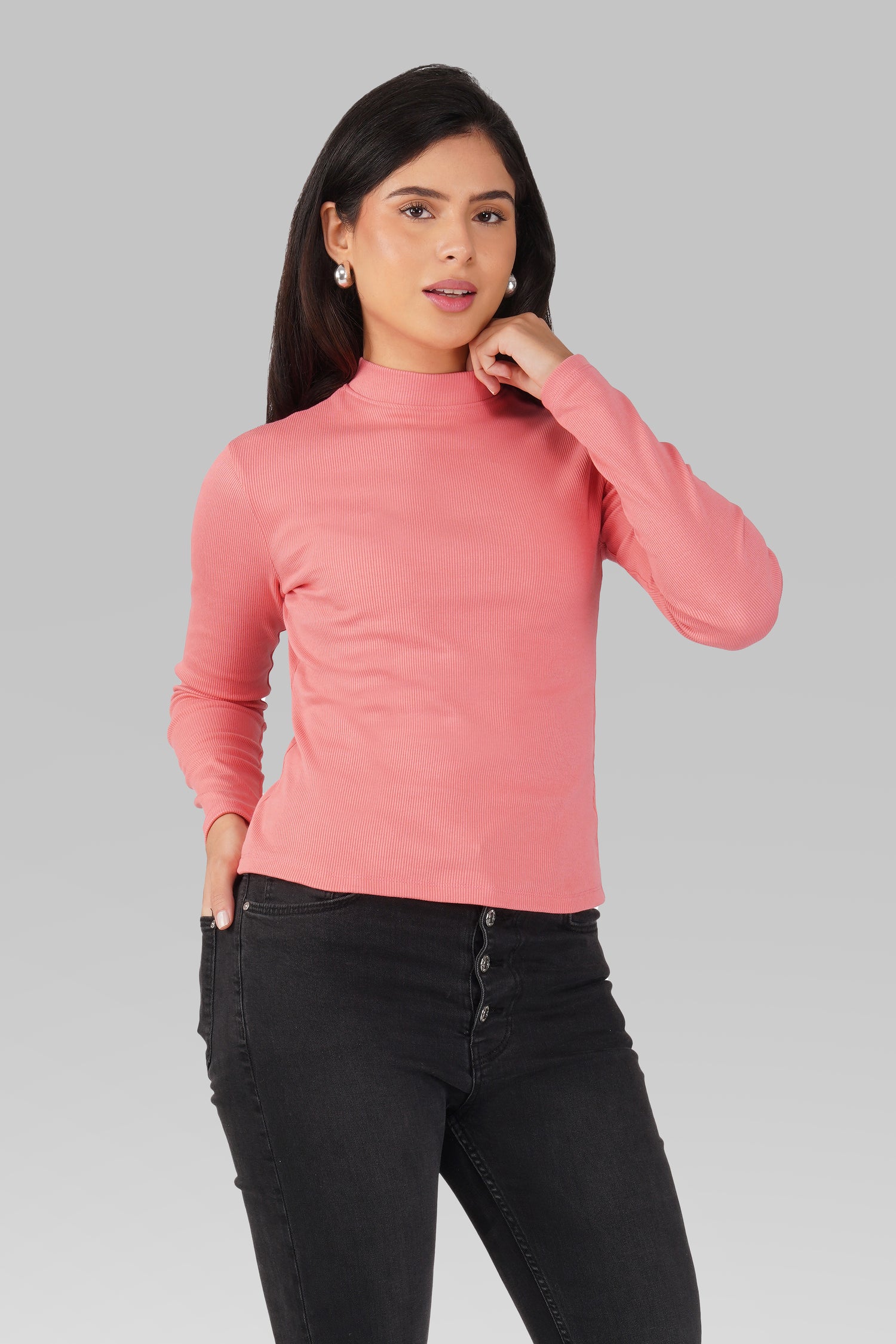 Blush Pink Ribbed Mock Neck Long Sleeve Top