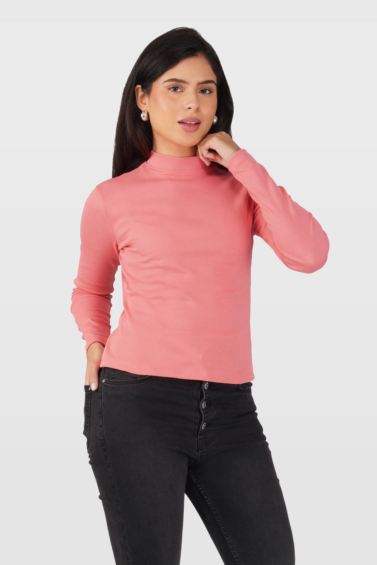 Blush Pink Ribbed Mock Neck Long Sleeve Top