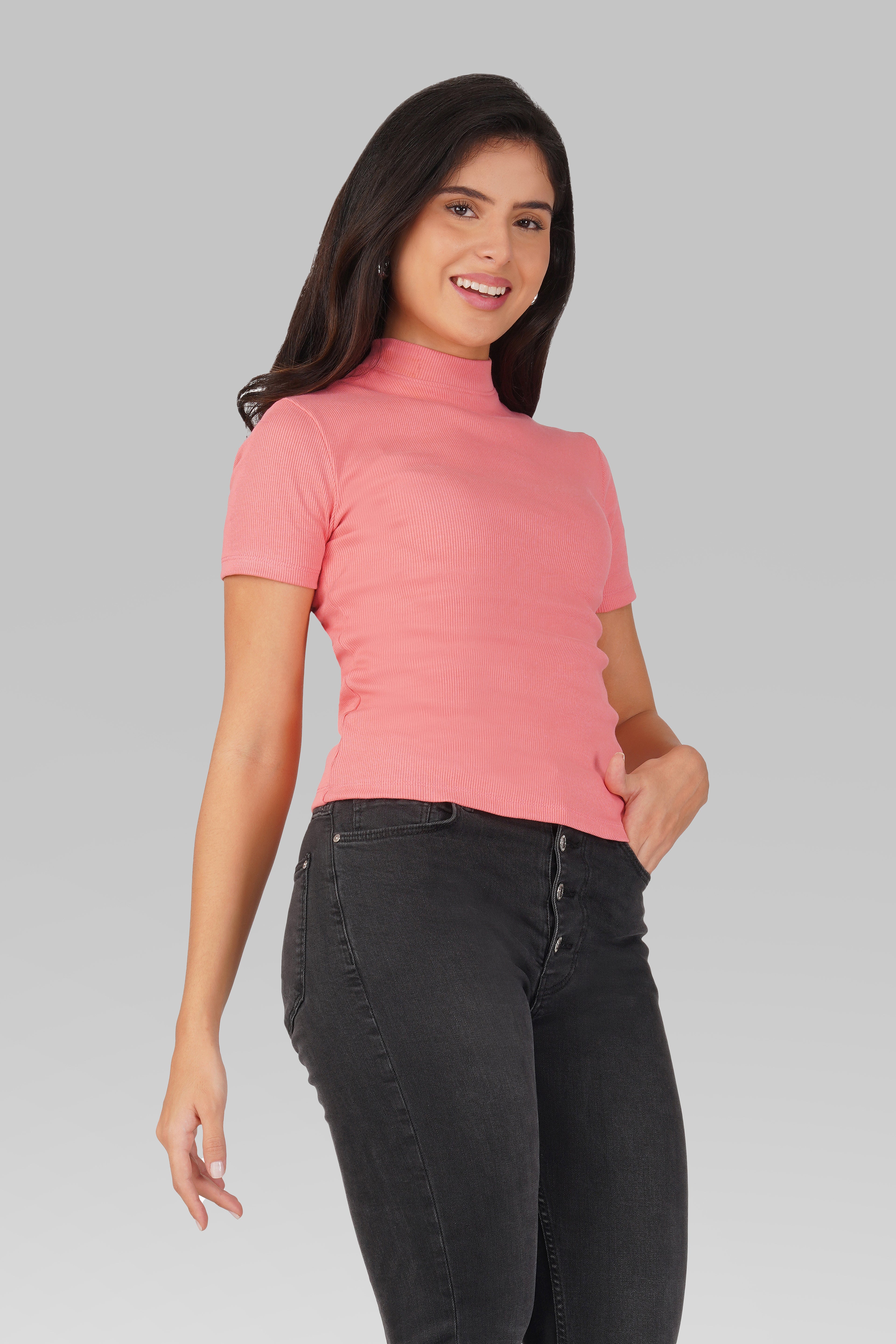 Blush Pink Ribbed Mock Neck Short Sleeve Top 