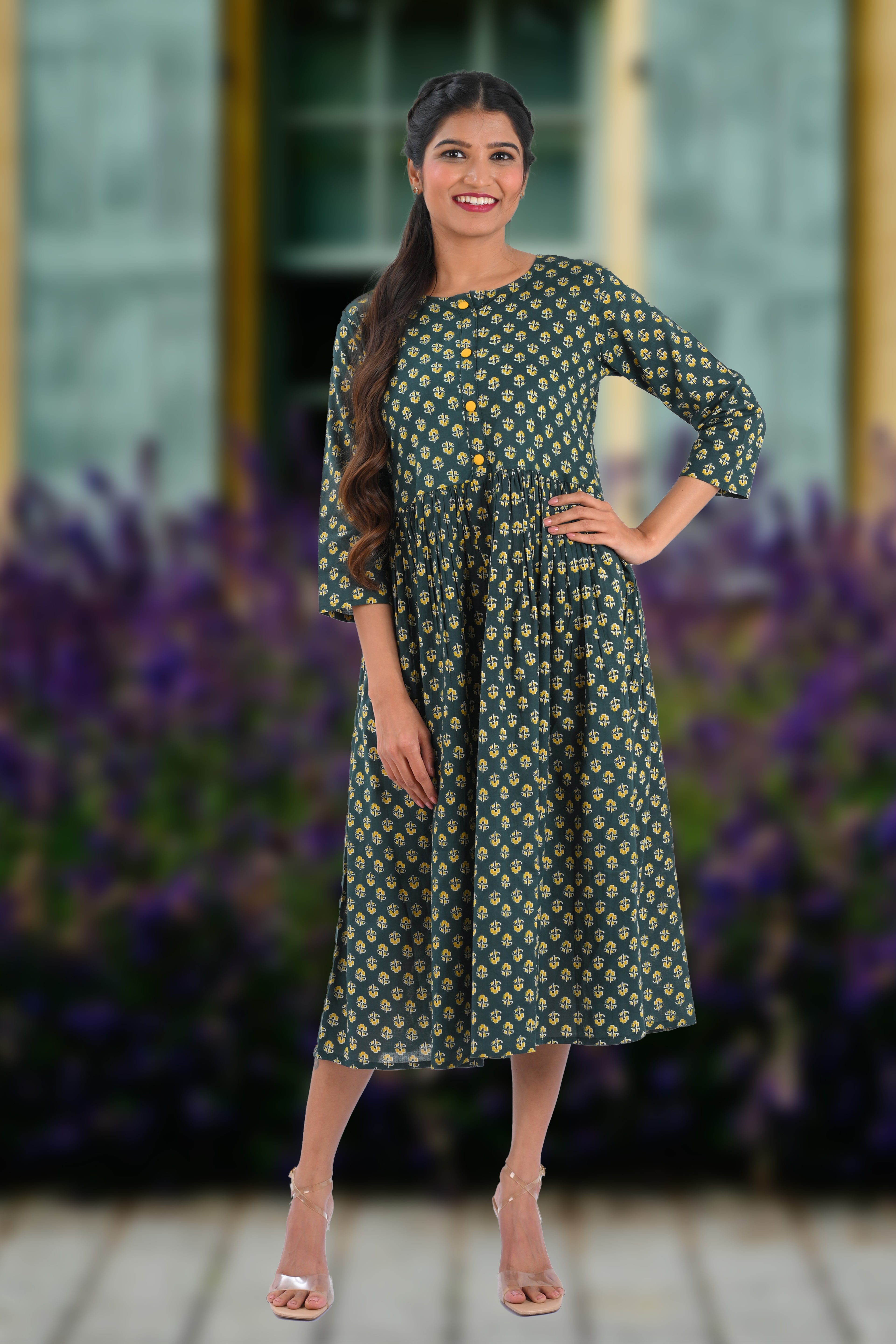 Bottle Green Cotton Printed Midi Dress