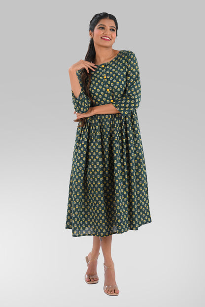 Bottle Green Cotton Printed Midi Dress