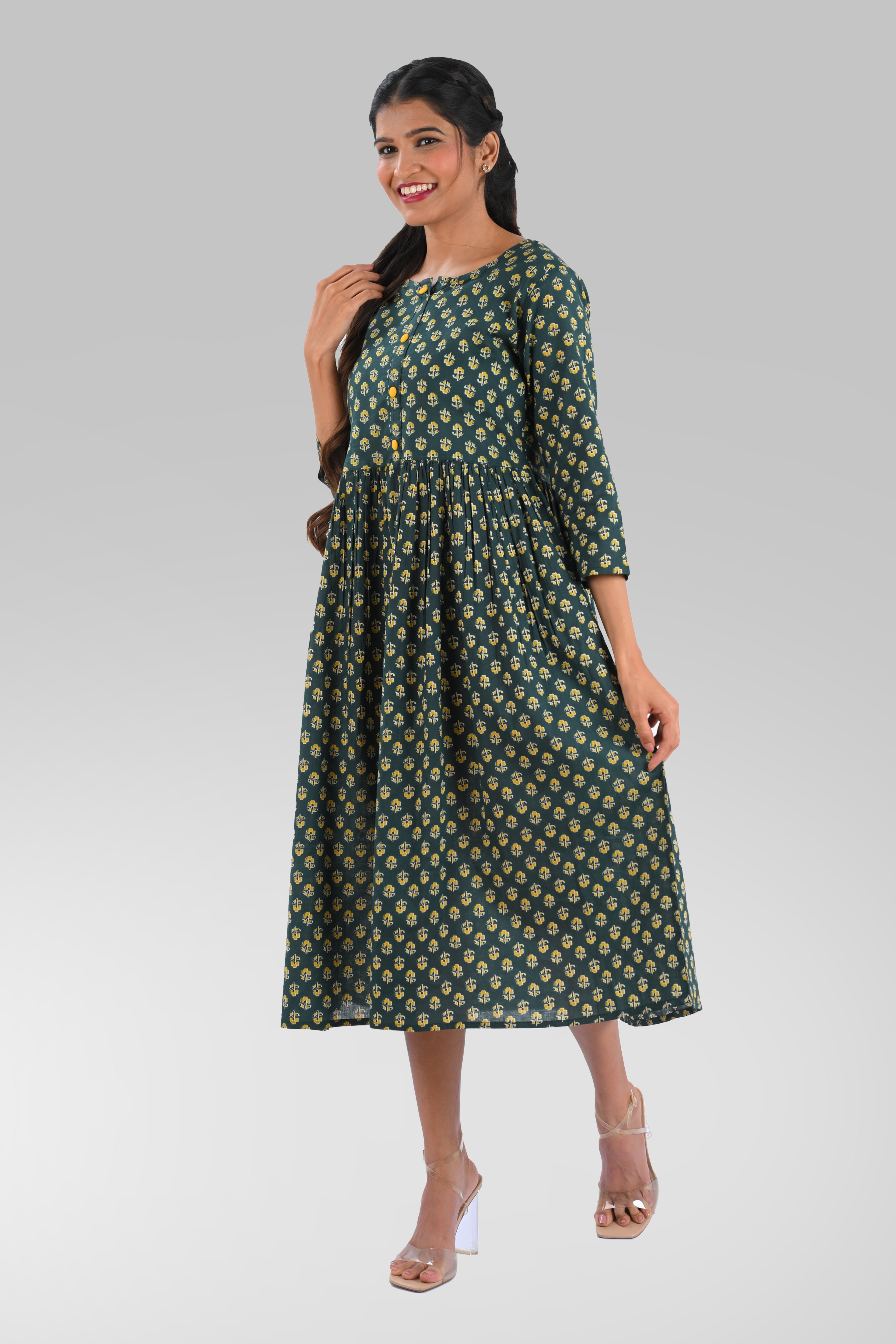 Bottle Green Cotton Printed Midi Dress