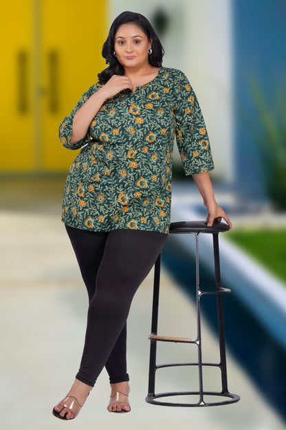 Bottle Green Plus Size Cotton Printed Kurti