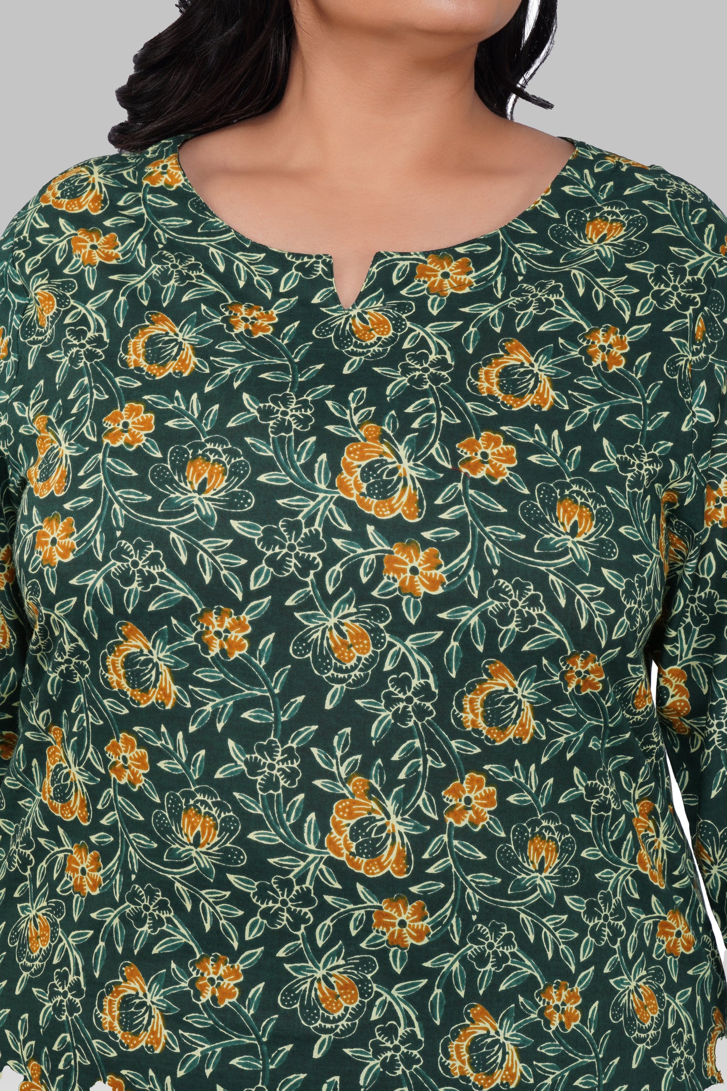 Bottle Green Plus Size Cotton Printed Kurti