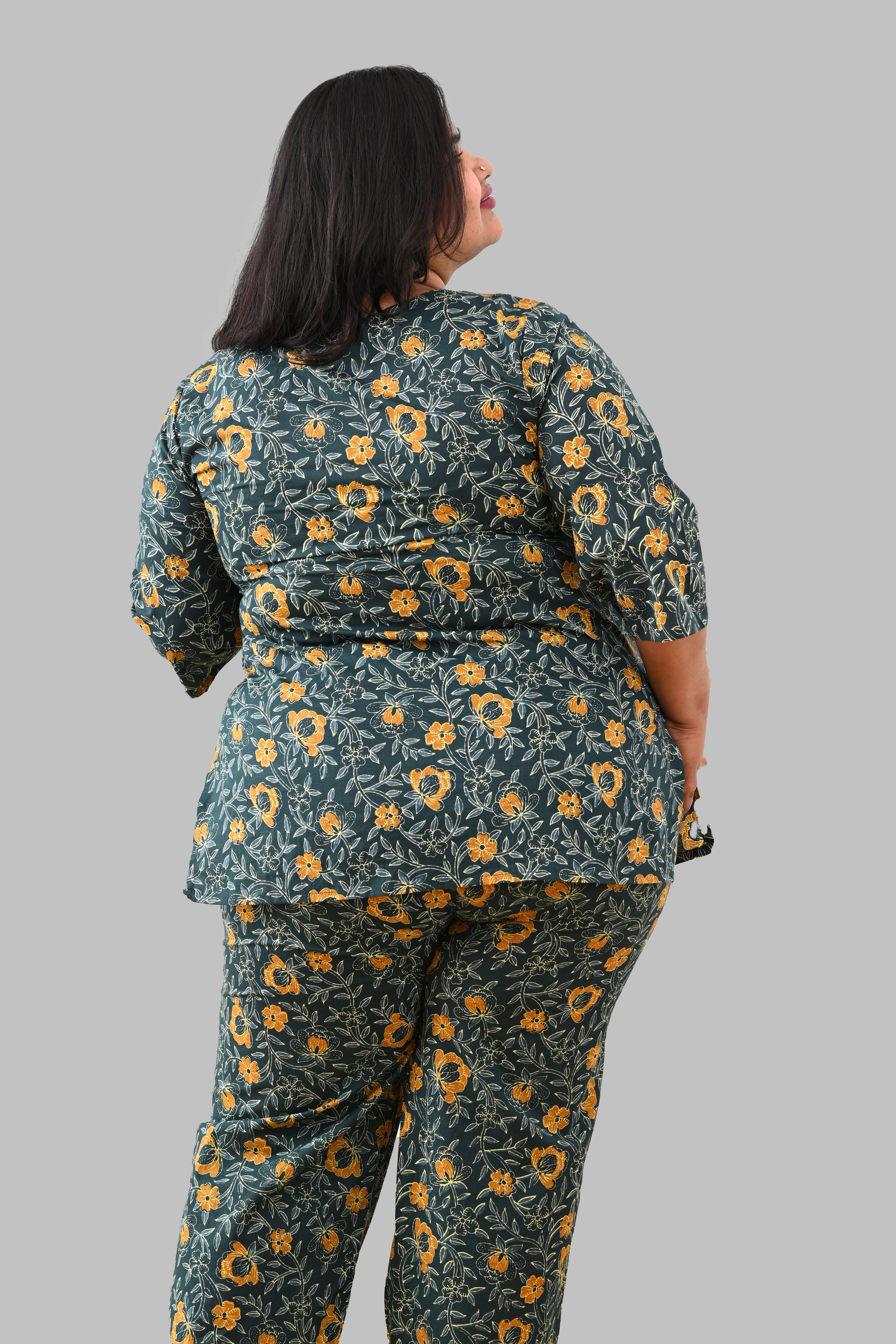 Bottle Green Plus Size Cotton Printed Pyjama Set