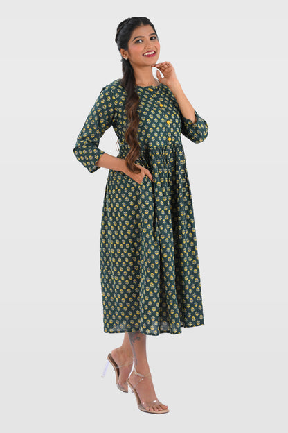 Bottle Green Cotton Printed Midi Dress