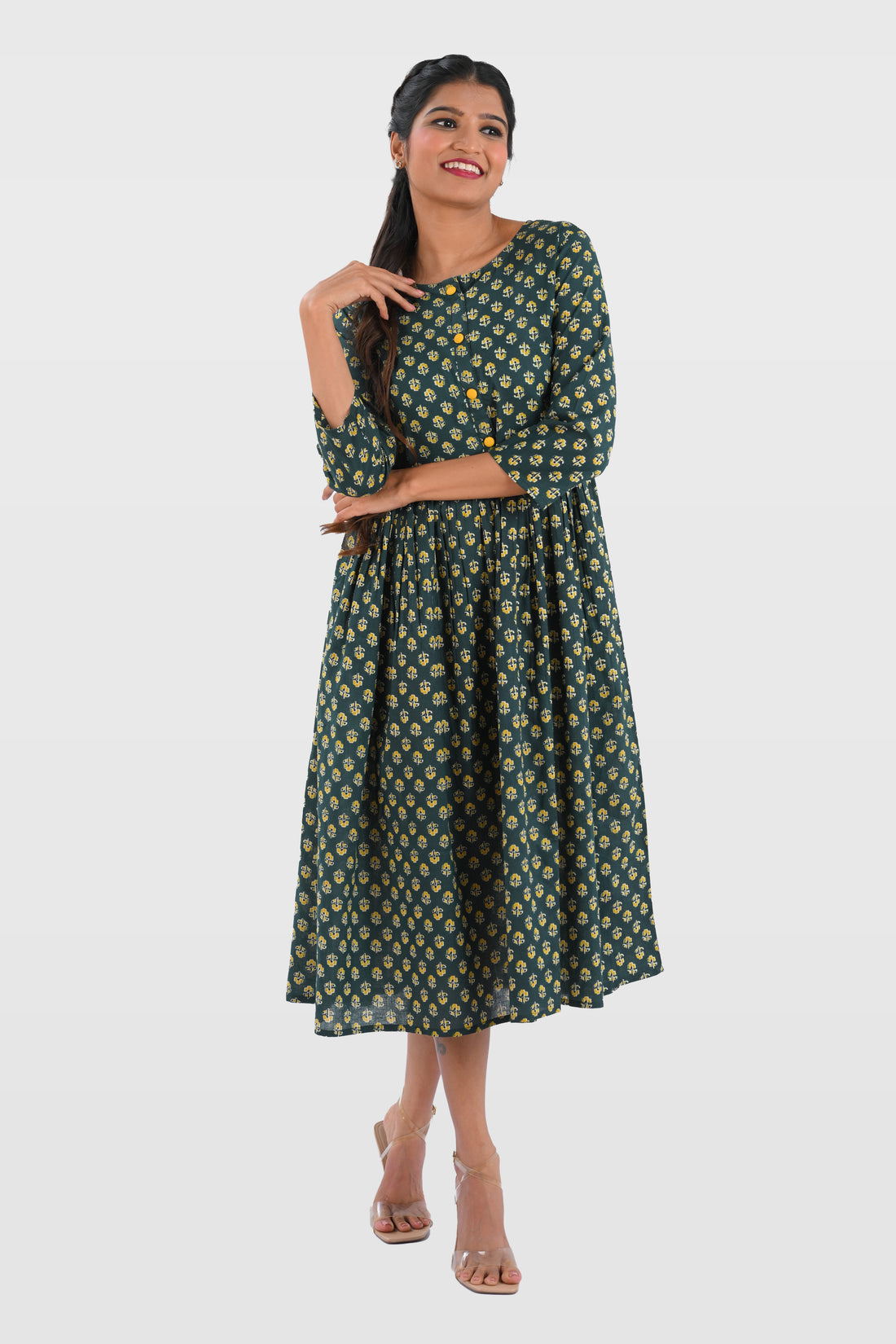Bottle Green Cotton Printed Midi Dress