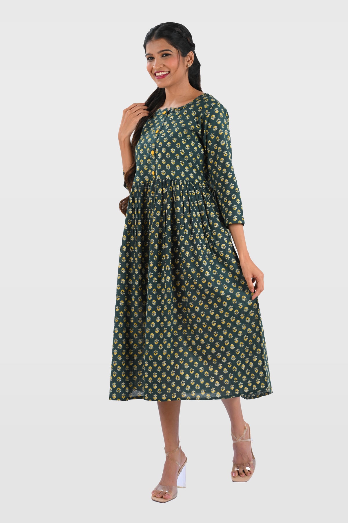 Bottle Green Cotton Printed Midi Dress