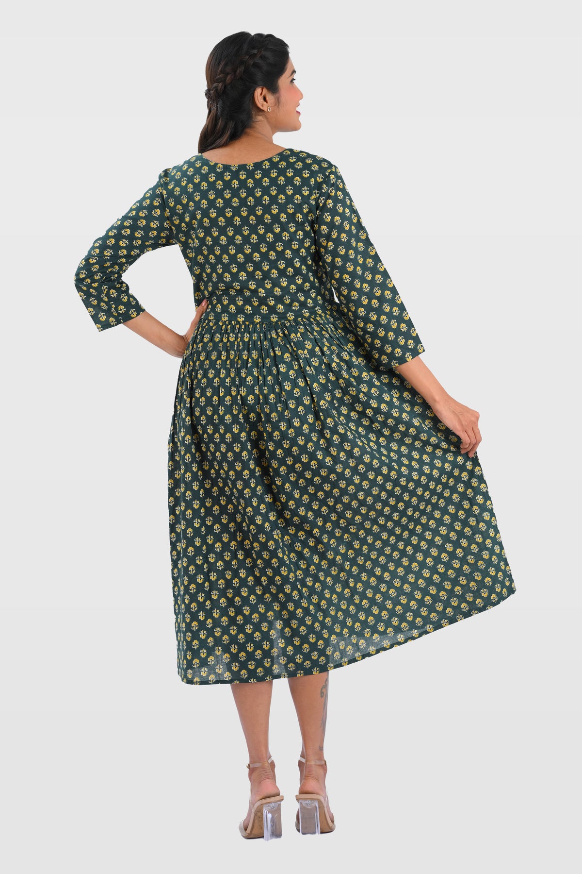 Bottle Green Cotton Printed Midi Dress