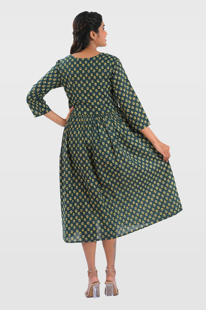 Bottle Green Cotton Printed Midi Dress