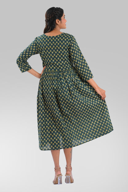 Bottle Green Cotton Printed Midi Dress
