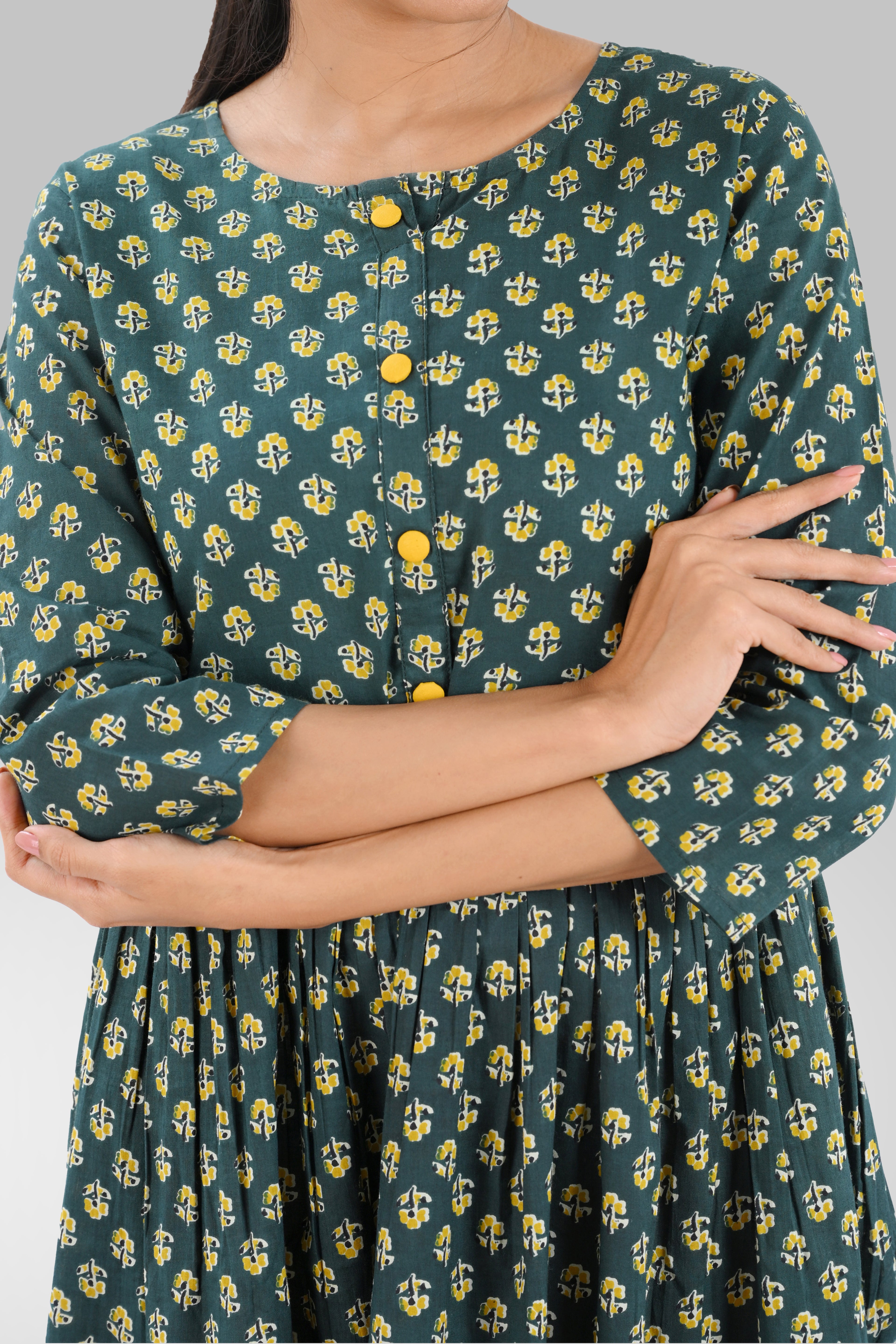 Bottle Green Cotton Printed Midi Dress