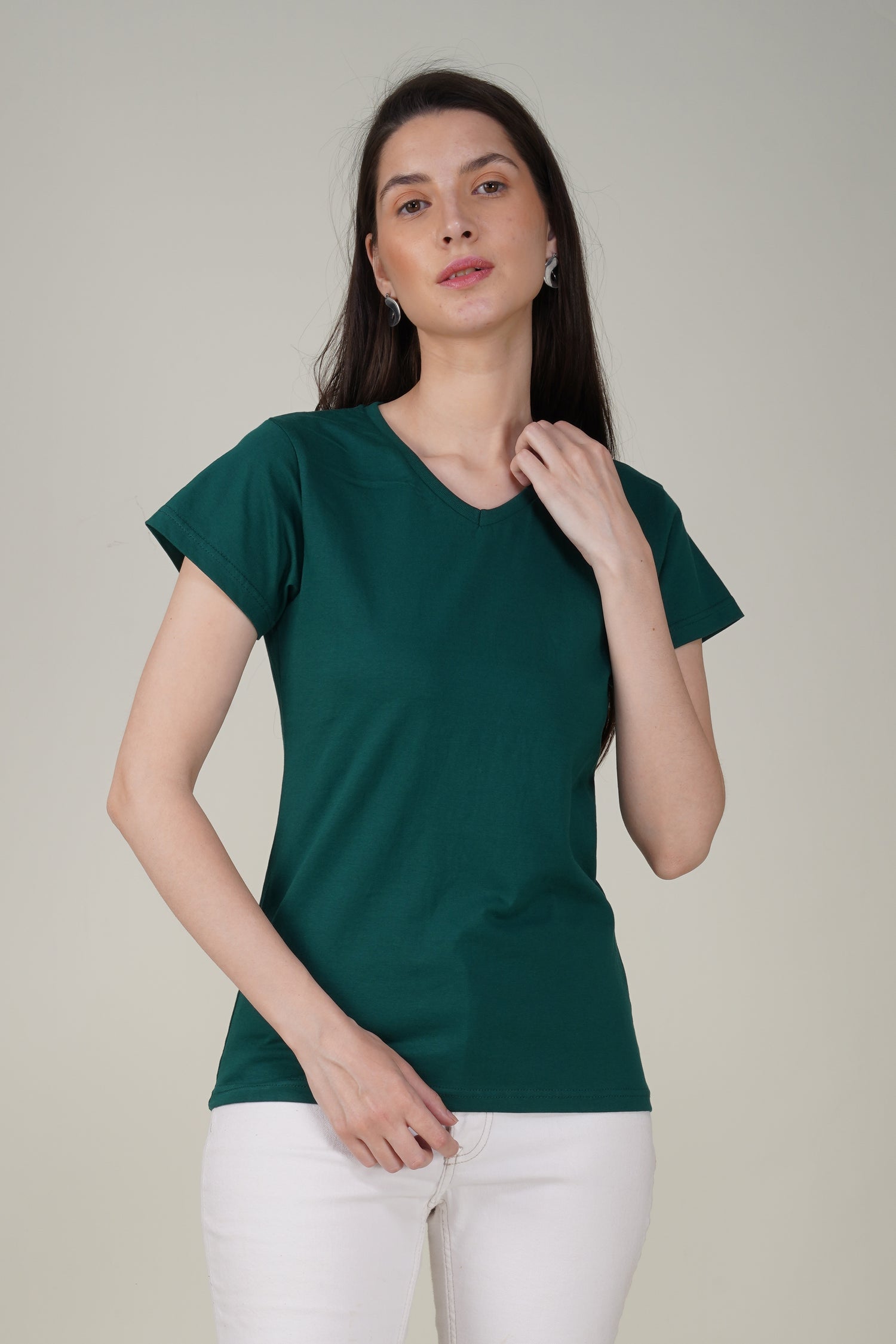 Bottle Green Cotton V-Neck T-Shirt