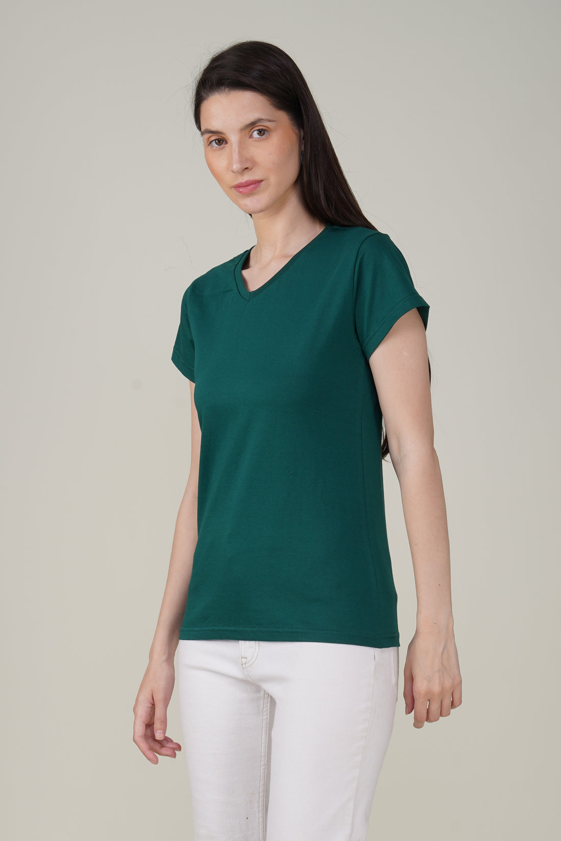Bottle Green Cotton V-Neck T-Shirt