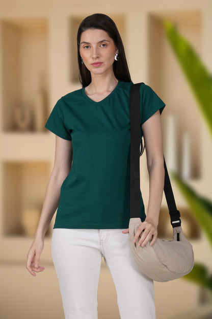 Bottle Green Cotton V-Neck T-Shirt