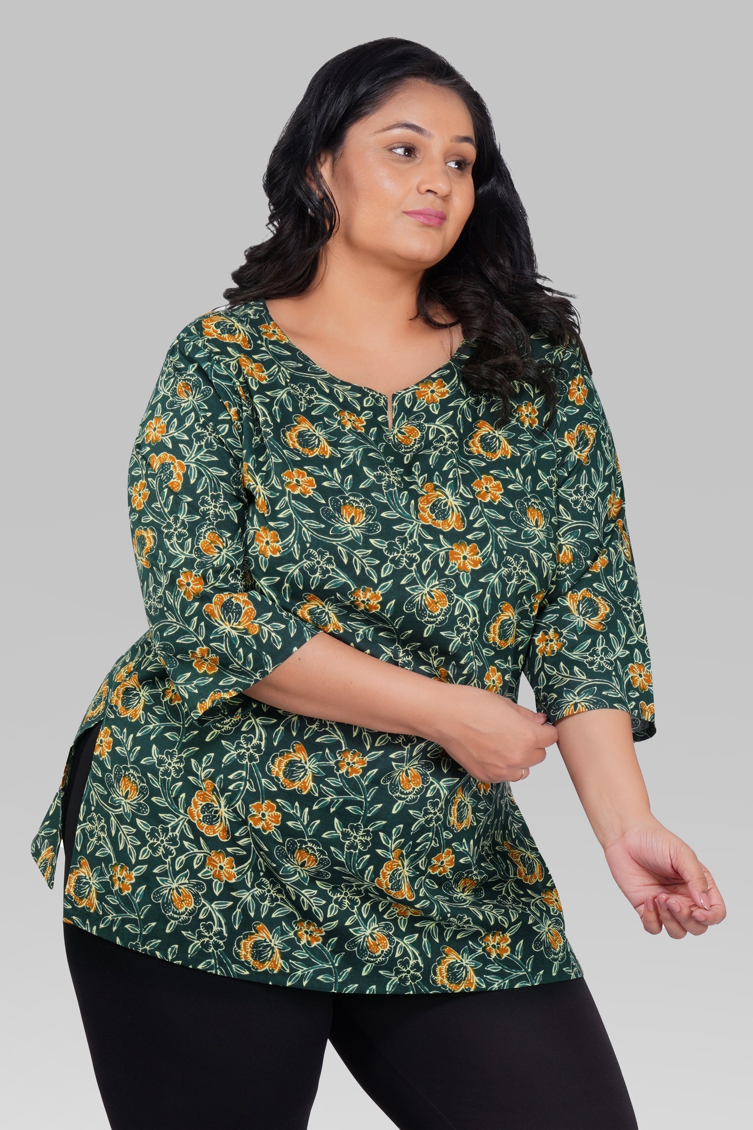 Bottle Green Plus Size Cotton Printed Kurti