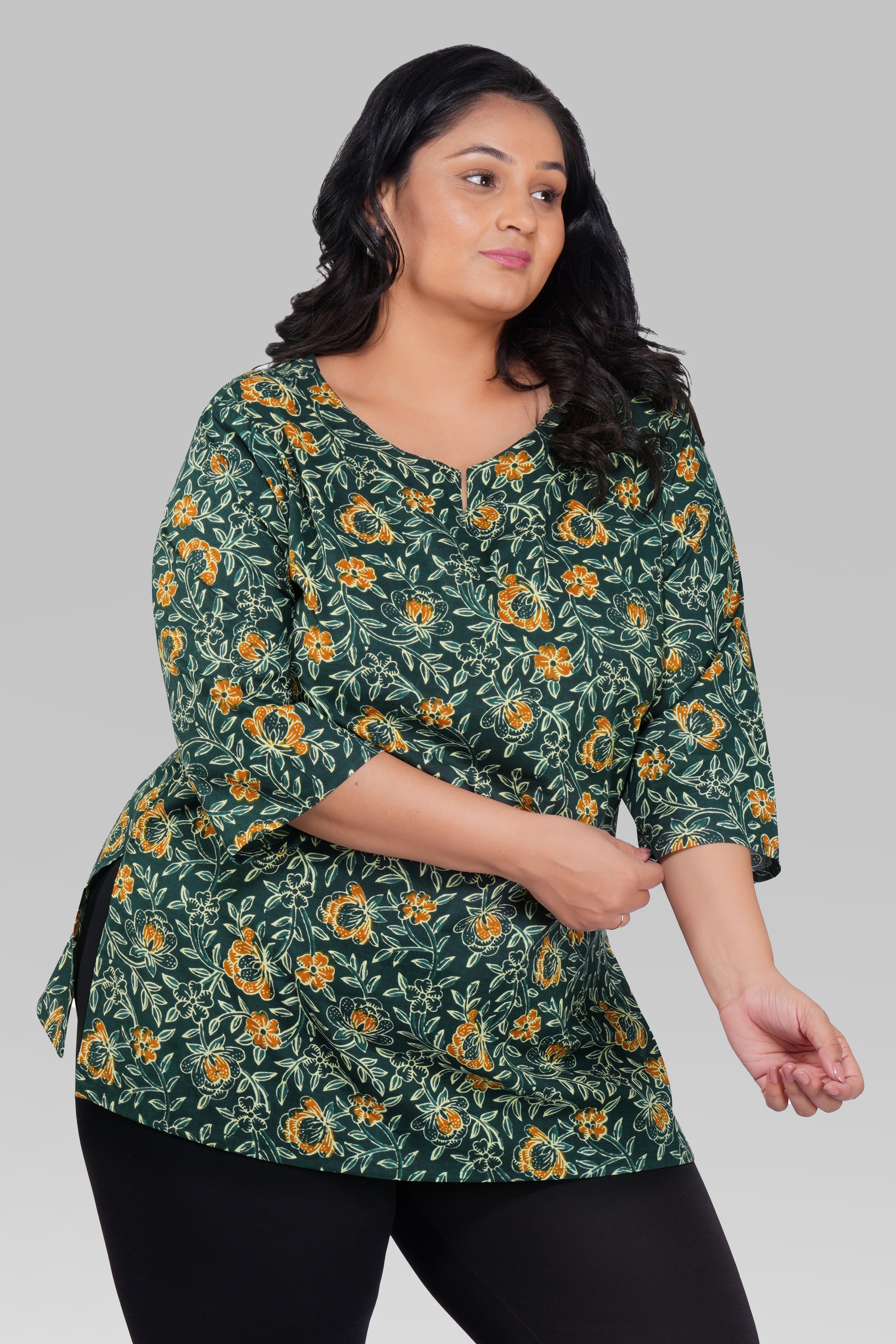Bottle Green Plus Size Cotton Printed Kurti