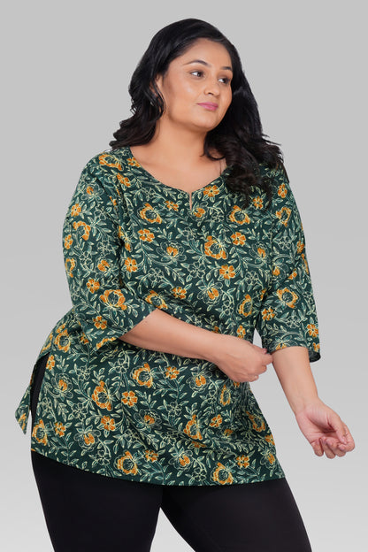 Bottle Green Plus Size Cotton Printed Kurti