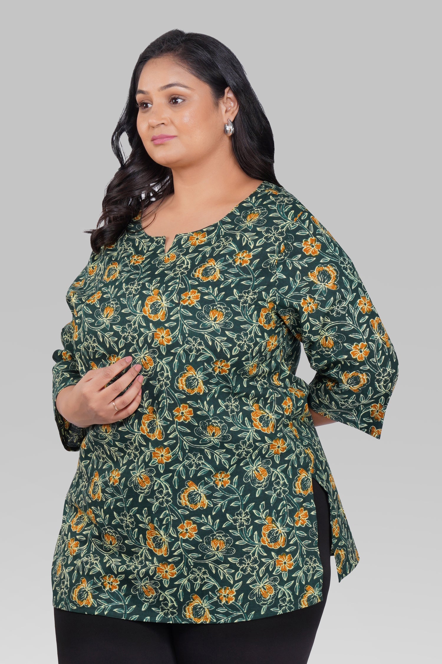 Bottle Green Plus Size Cotton Printed Kurti