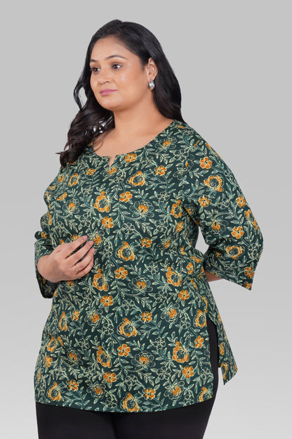 Bottle Green Plus Size Cotton Printed Kurti