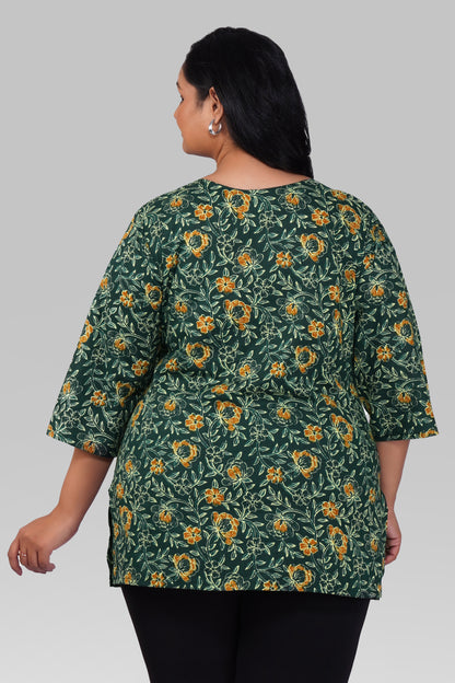 Bottle Green Plus Size Cotton Printed Kurti
