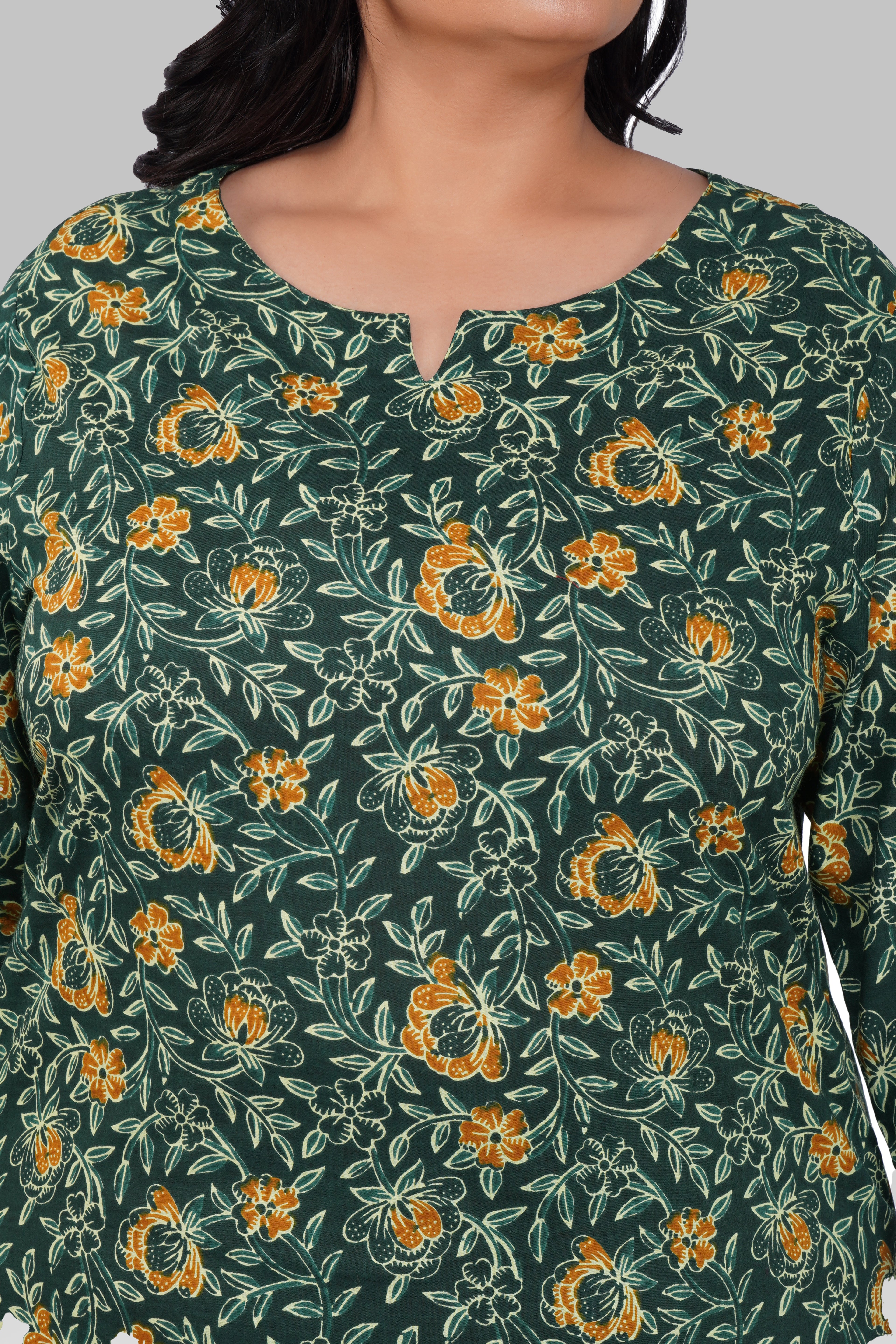 Bottle Green Plus Size Cotton Printed Kurti
