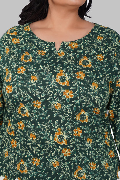 Bottle Green Plus Size Cotton Printed Kurti