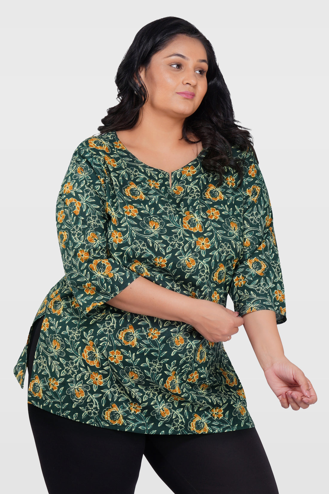 Bottle Green Plus Size Cotton Printed Kurti