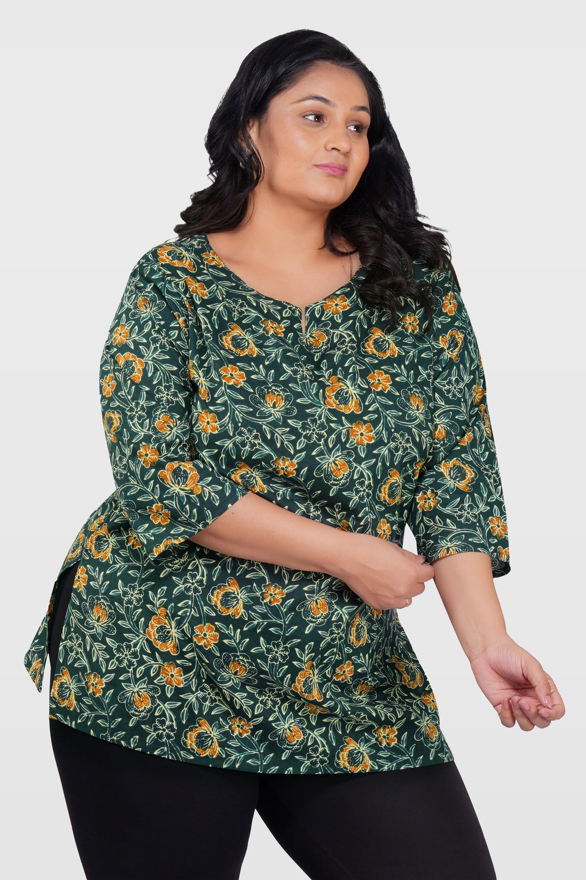 Bottle Green Plus Size Cotton Printed Kurti