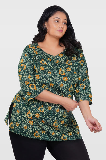 Bottle Green Plus Size Cotton Printed Kurti