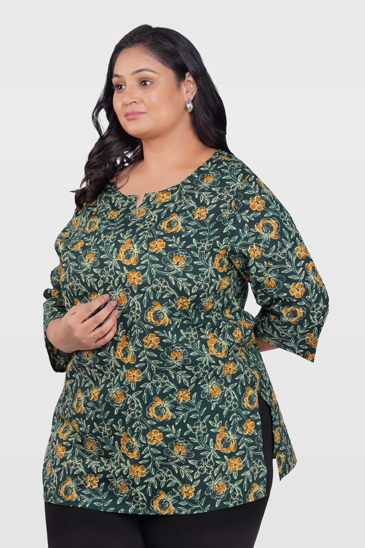 Bottle Green Plus Size Cotton Printed Kurti