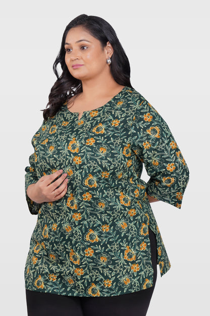 Bottle Green Plus Size Cotton Printed Kurti