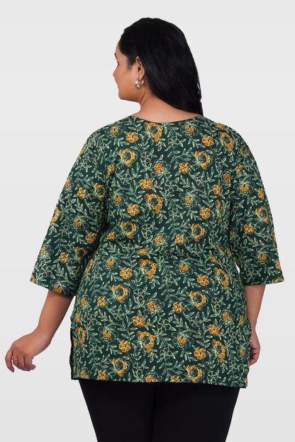 Bottle Green Plus Size Cotton Printed Kurti