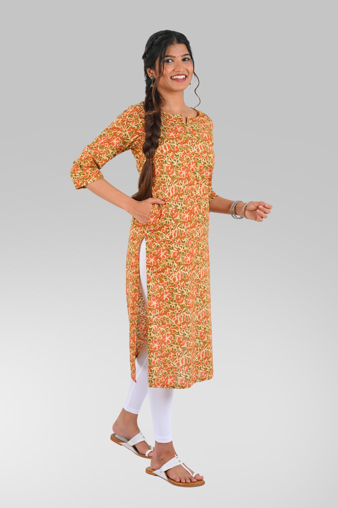 Bronze Cotton Printed Long Kurta