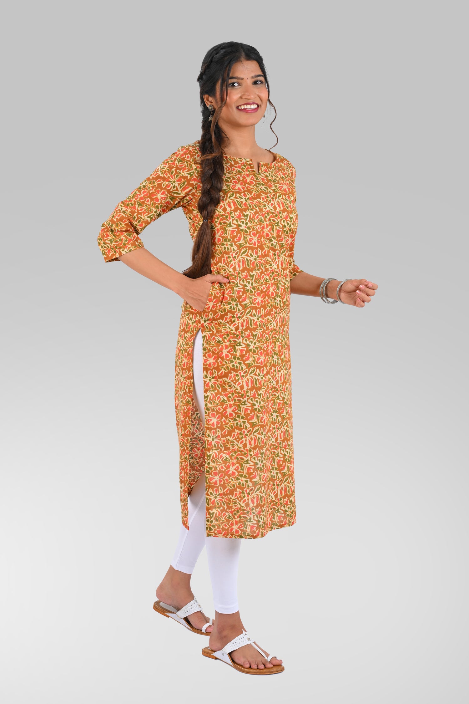Bronze Cotton Printed Long Kurta
