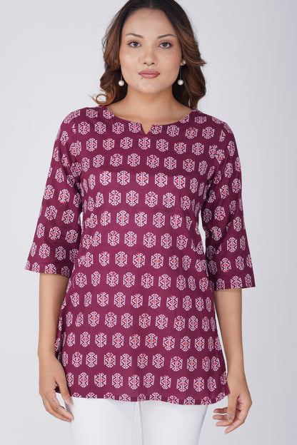 Burgundy Cotton Printed Kurti