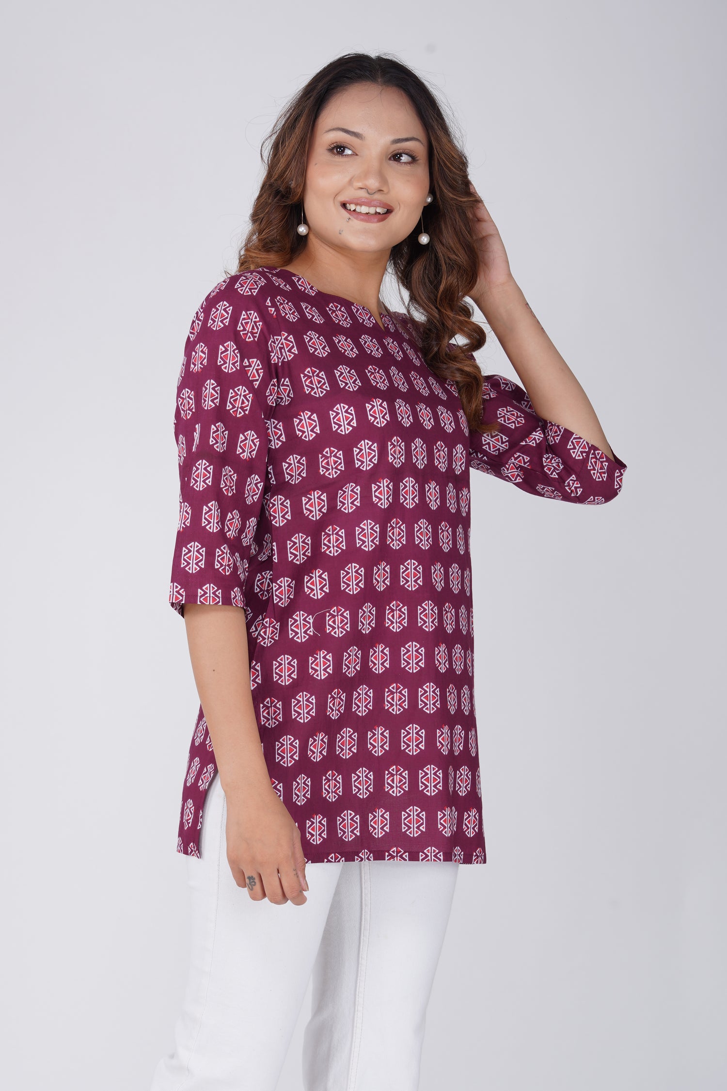 Burgundy Cotton Printed Kurti