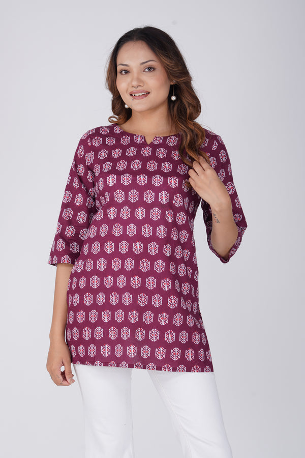 Burgundy Cotton Printed Kurti