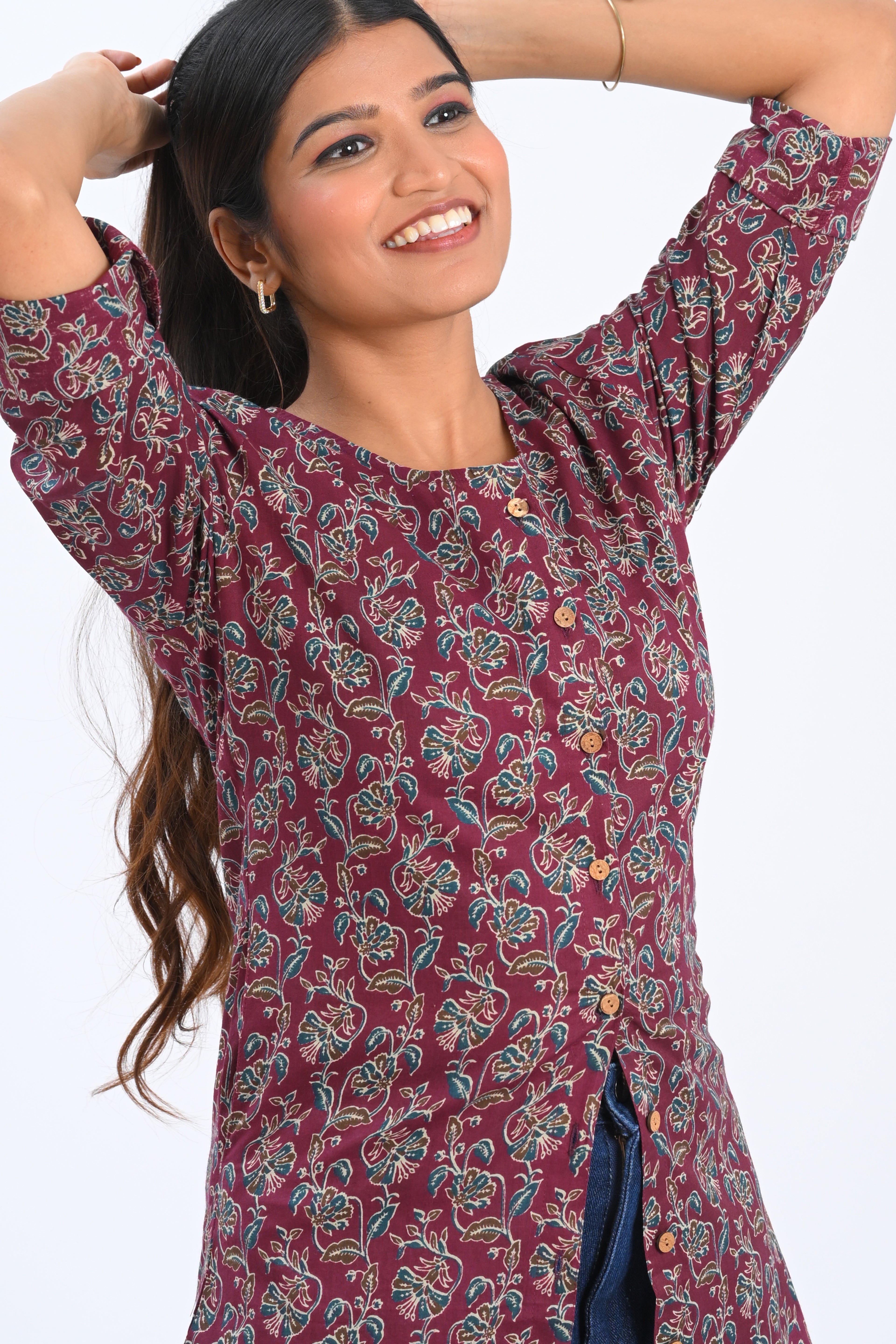 Burgundy Cotton Printed Short Kurti