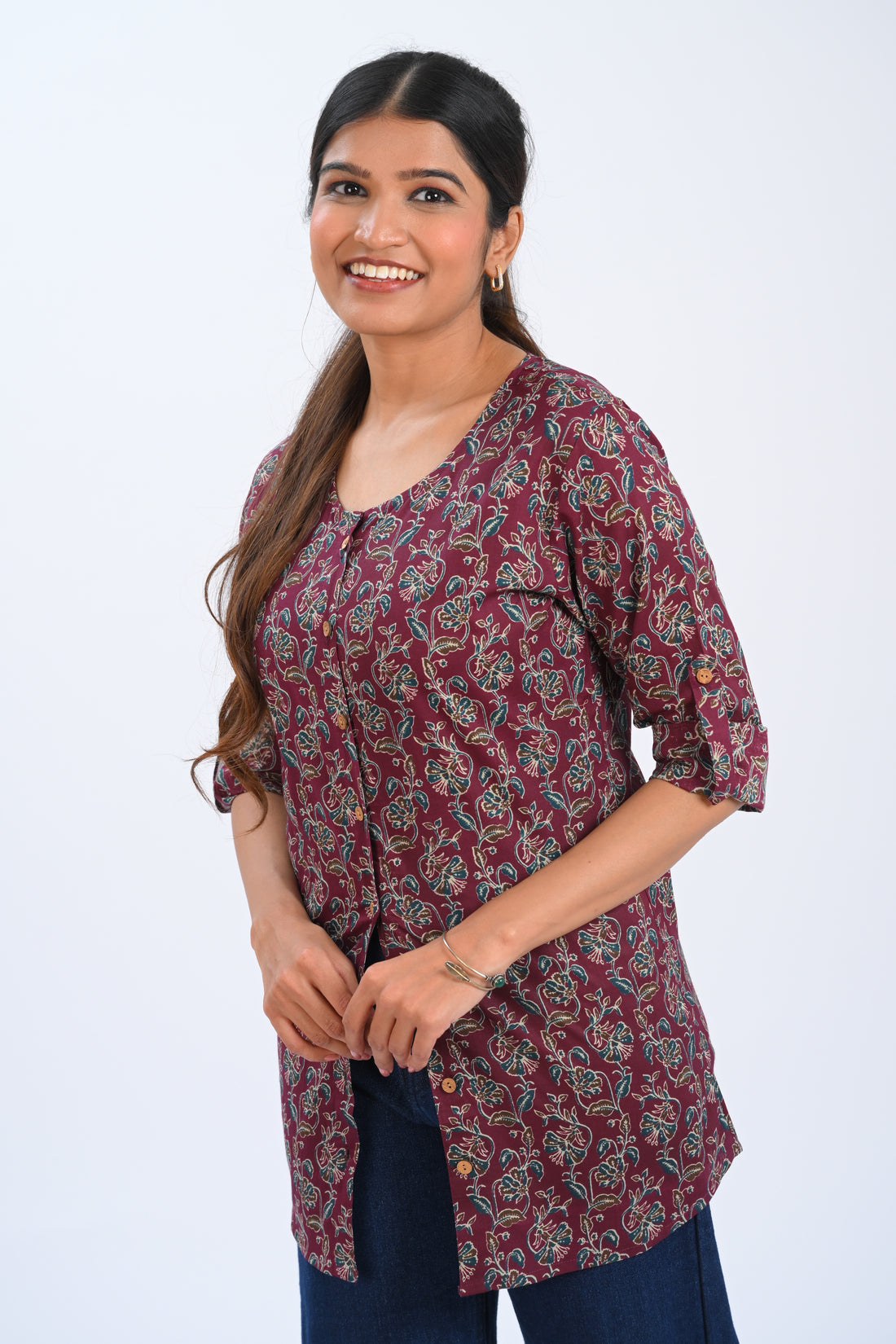Burgundy Cotton Printed Short Kurti