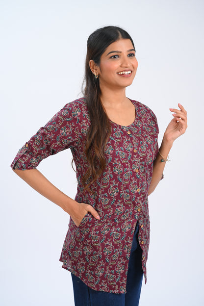 Burgundy Cotton Printed Short Kurti
