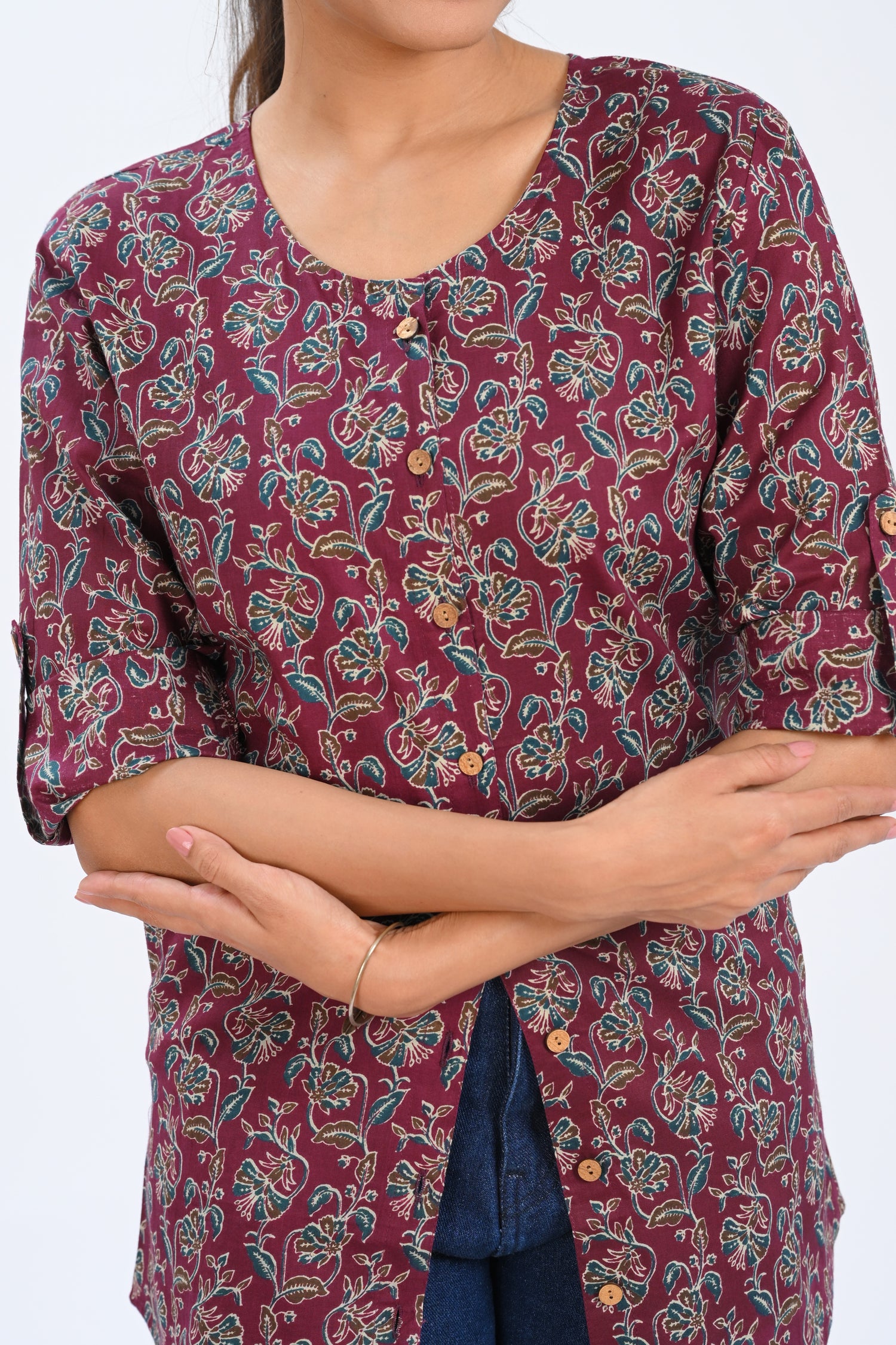 Burgundy Cotton Printed Short Kurti