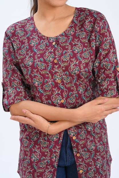 Burgundy Cotton Printed Short Kurti