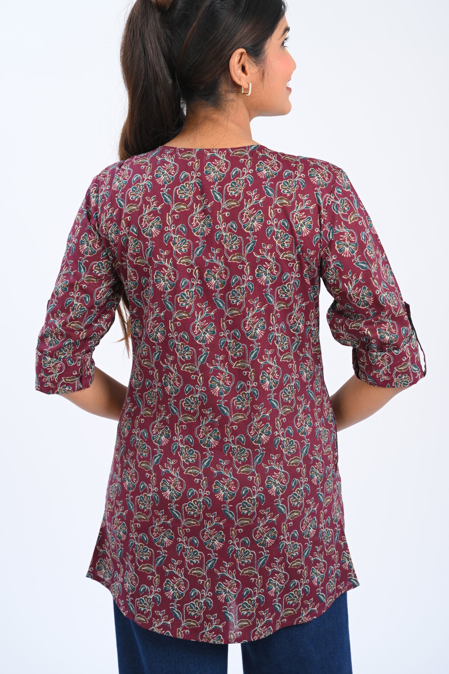Burgundy Cotton Printed Short Kurti