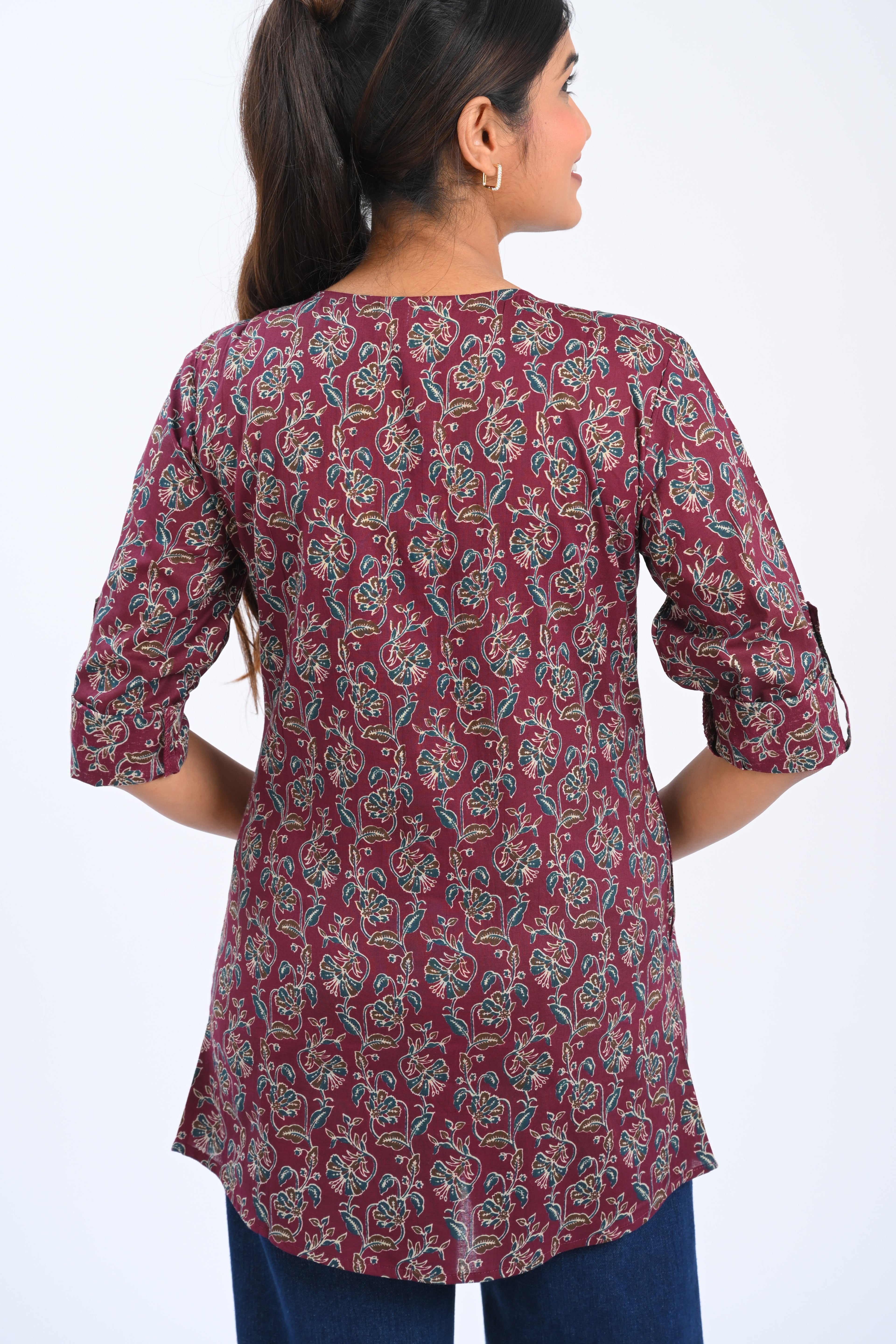 Burgundy Cotton Printed Short Kurti