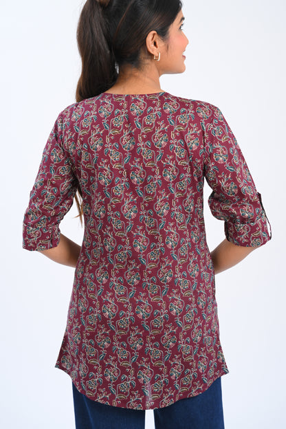 Burgundy Cotton Printed Short Kurti